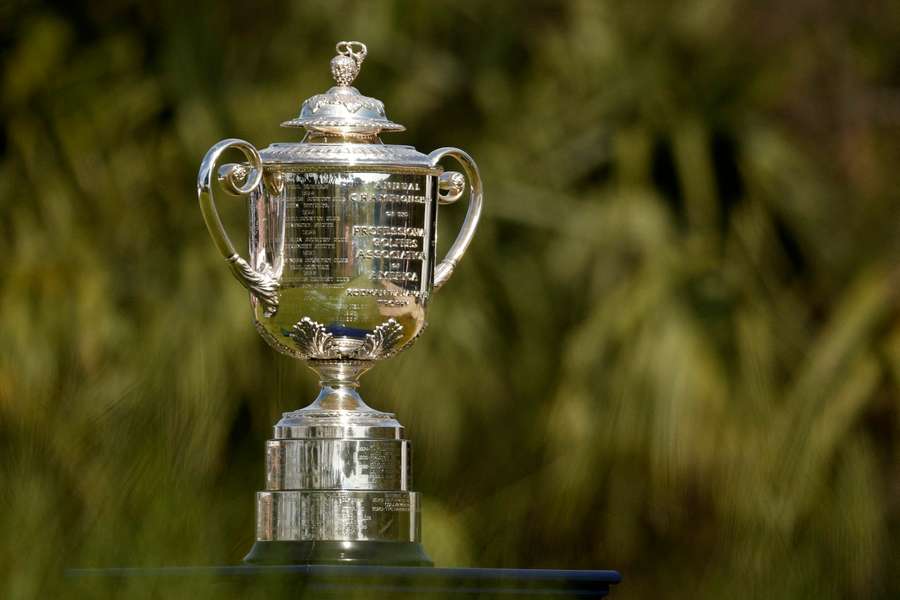 A detailed view of the Wanamaker Trophy on display