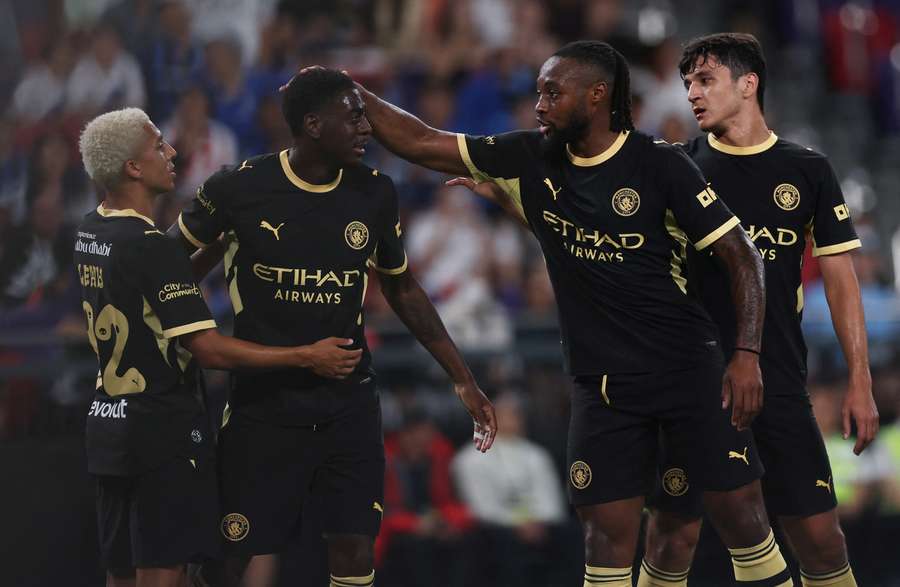 City players celebrate after Mubama's goal City players celebrate after Mubama's goal