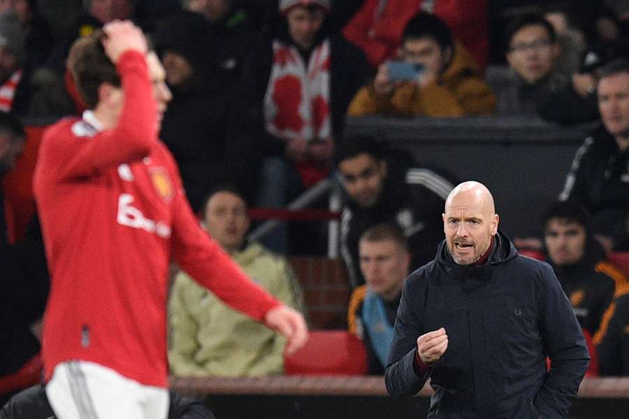 Erik ten Hag reacts during the Premier League match between Manchester United and Leeds