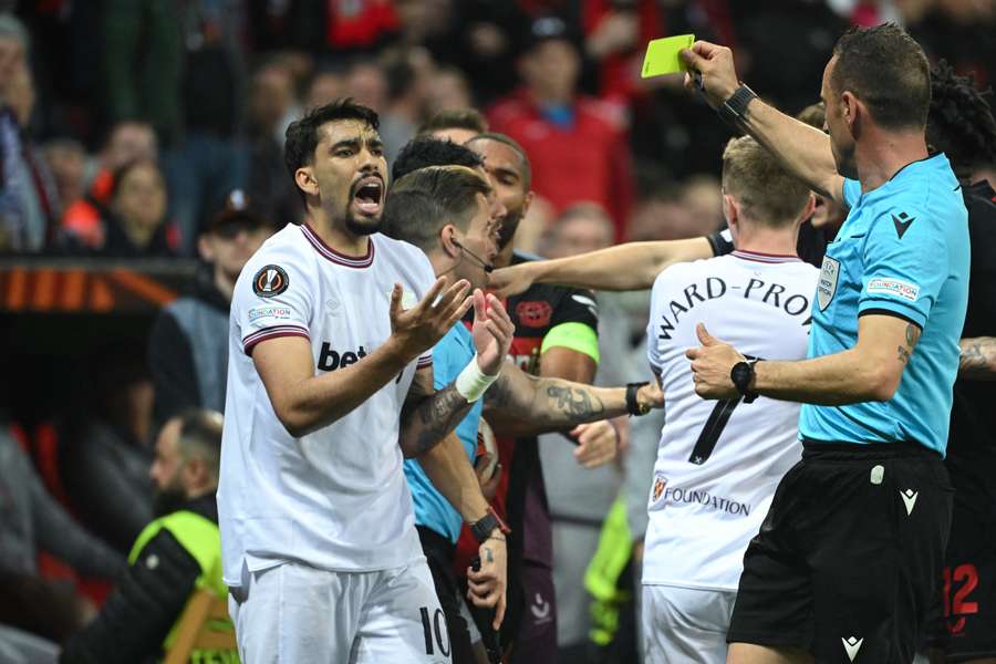 West Ham United's Lucas Paqueta reacts after receiving a yellow card