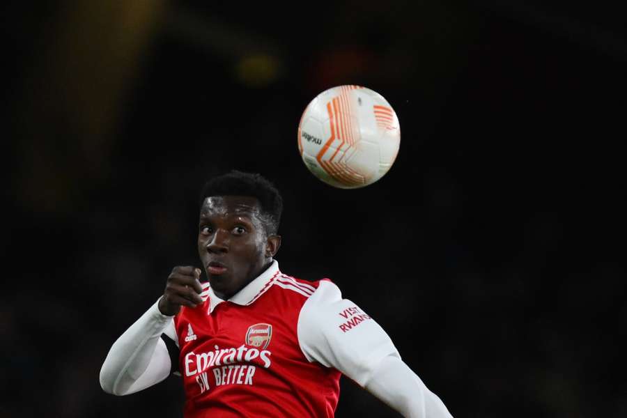 Eddie Nketiah heads the ball during the UEFA Europa League Group A match between Arsenal and Bodo/Glimt