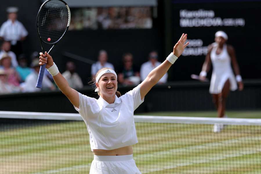 Karolina Muchova celebrates after winning her semifinal match against Coco Gauff Karolina Muchova celebrates after winning her semifinal match against Coco Gauff