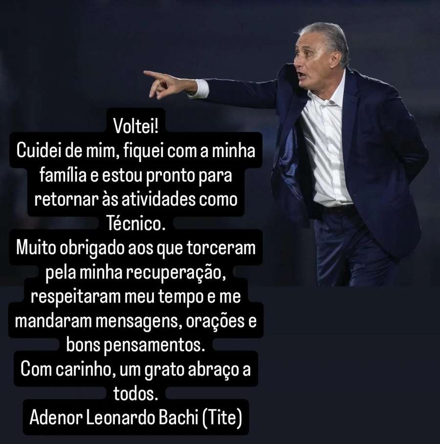 Mensagem de Tite nas redes sociais Mensagem de Tite nas redes sociais