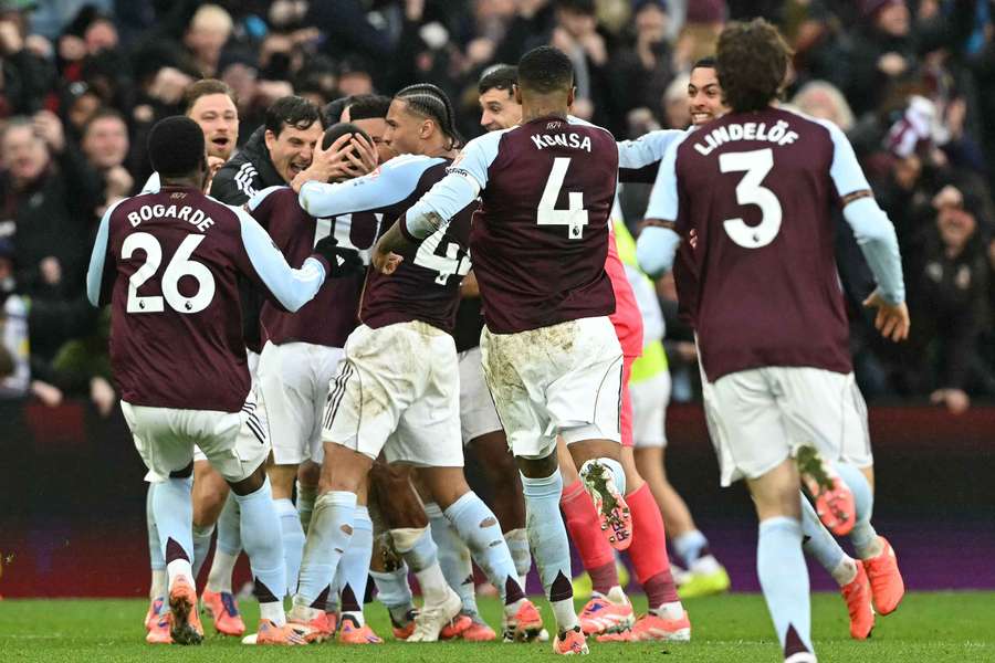 Aston Villa celebrate their last-gasp winner against Arsenal on Saturday Aston Villa celebrate their last-gasp winner against Arsenal on Saturday