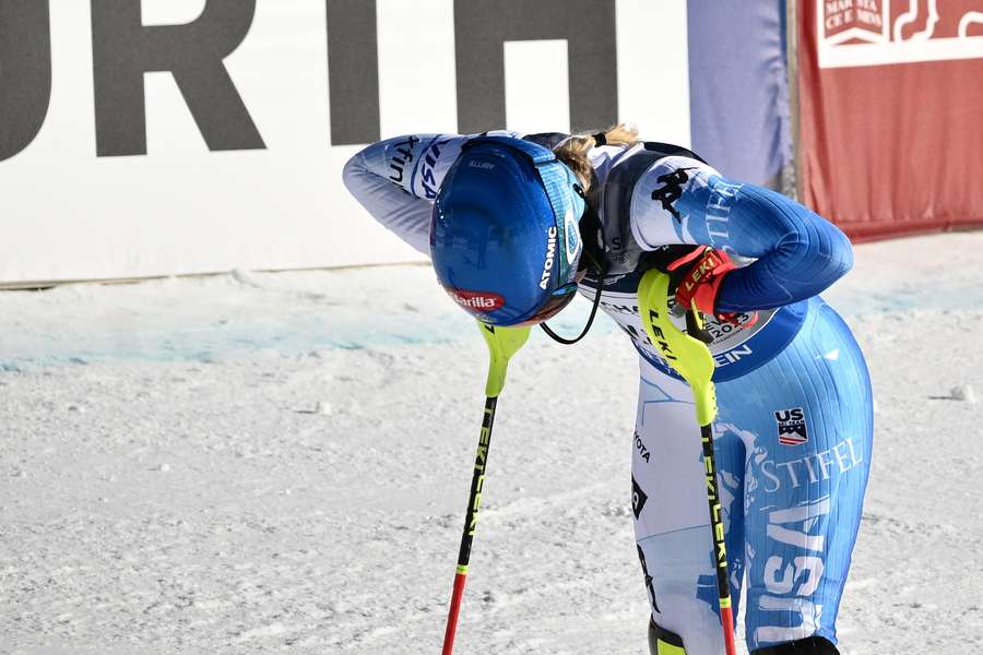 US Mikaela Shiffrin reacts after competing during the Women's Alpine Combined Slalom 