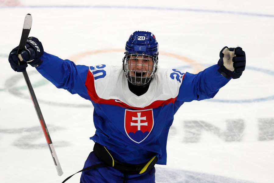 Juraj Slafkovsky of Slovakia celebrates scoring during the 2022 Winter Oympics
