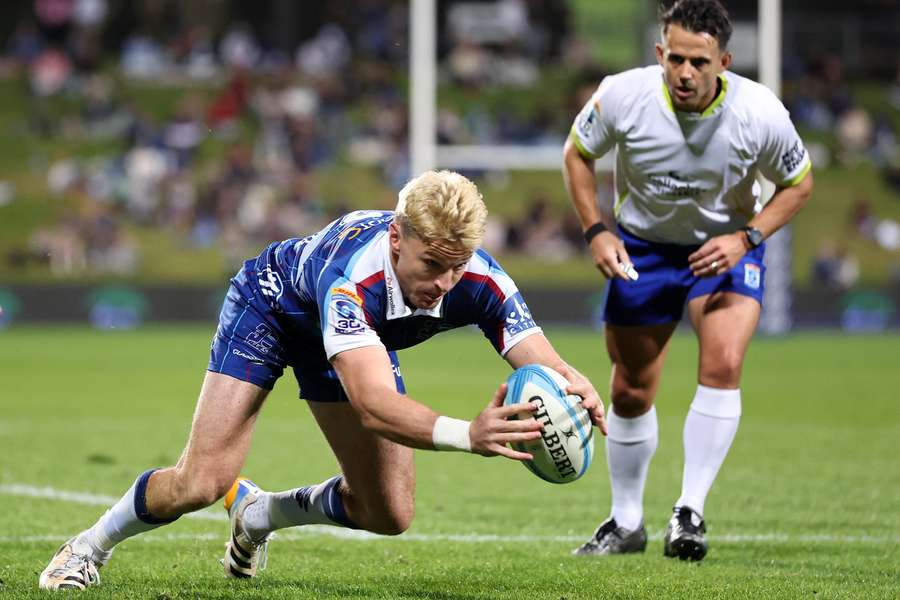 Auckland's Beauden Barrett dots down to score against Moana Pasifika last weekend.