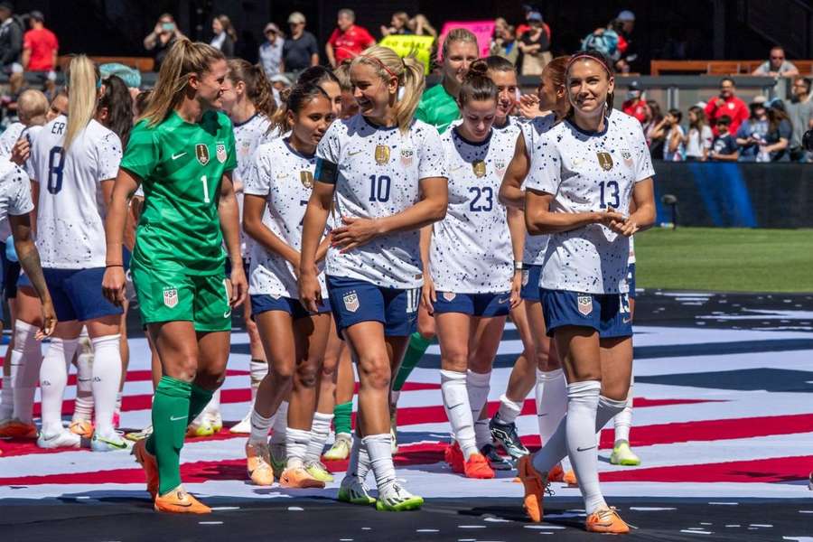 US players take part in a send-off celebration after their game against Wales in California earlier this month