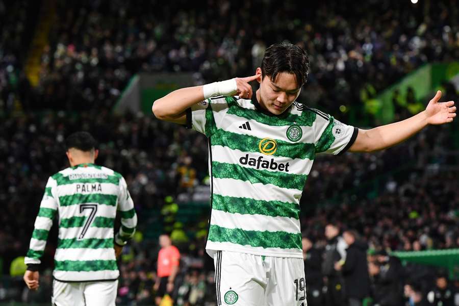 Hyeongyu Oh of Celtic celebrates scoring a penalty