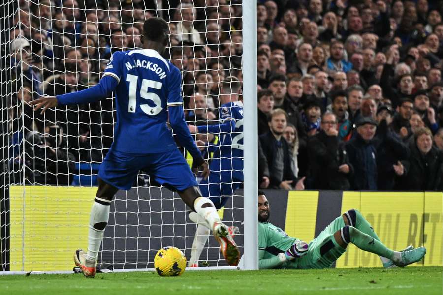 Nicolas Jackson shoots into an empty net to double Chelsea's lead over Sheffield United at Stamford Bridge