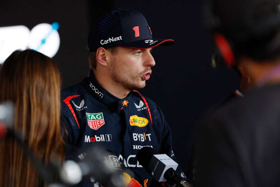Max Verstappen speaks to the media after claiming pole position
