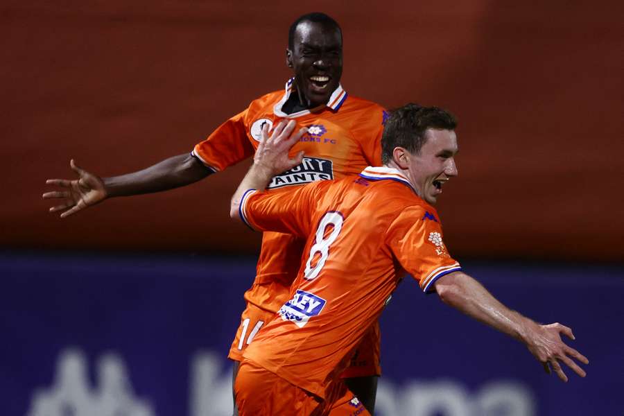 Queensland Lions' Mitchell Hore celebrating his Round of 16 goal against Melbourne City. Queensland Lions' Mitchell Hore celebrating his Round of 16 goal against Melbourne City.