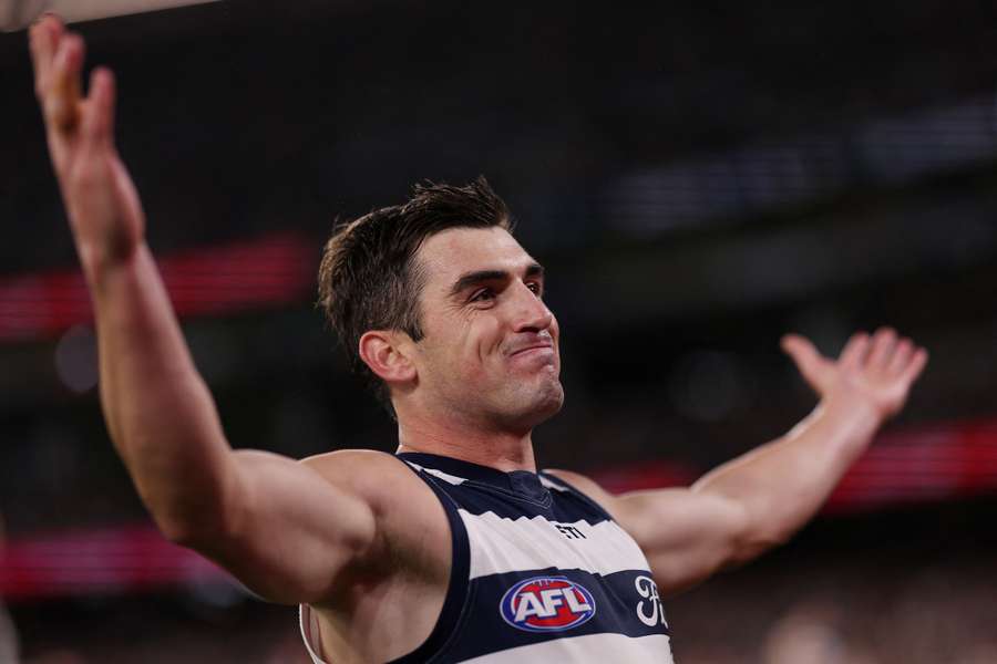 Shaun Mannagh celebrates his magnificent goal against Collingwood at the weekend. 