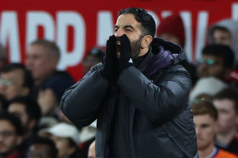 Ruben Amorim gestures on the touchline during Man Utd's defeat to Everton