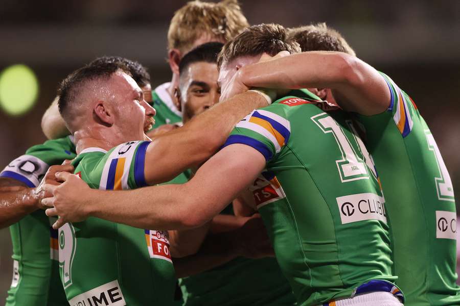 Matty Nicholson celebrates a try in Canberra Raiders' Round 2 win at home to Brisbane Broncos.