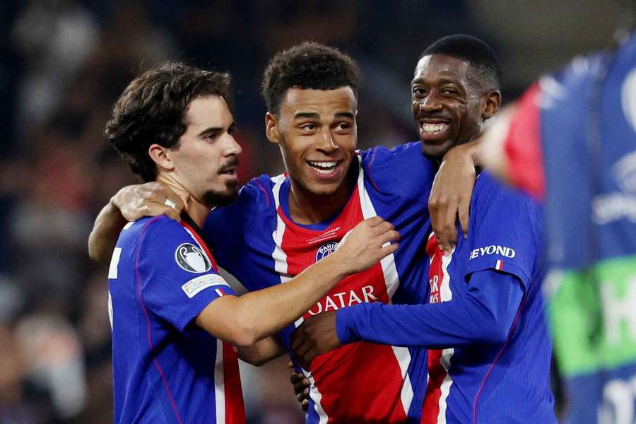 Paris St Germain's Ousmane Dembele, Vitinha and Desire Doue celebrate winning the UEFA Super Cup