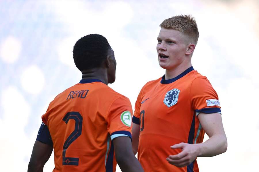 The Netherlands' Givairo Read and Kees Smit celebrate a goal during the U19 Euros