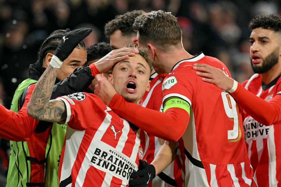 PSV's Noa Lang celebrates after his side scores against Juventus