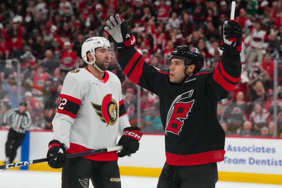 Hurricanes' Logan Stankoven celebrates goal in Game 2 against Senators