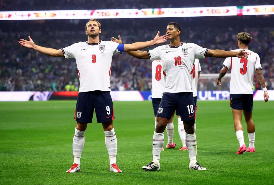 England's Jude Bellingham celebrates scoring with Harry Kane England's Jude Bellingham celebrates scoring with Harry Kane