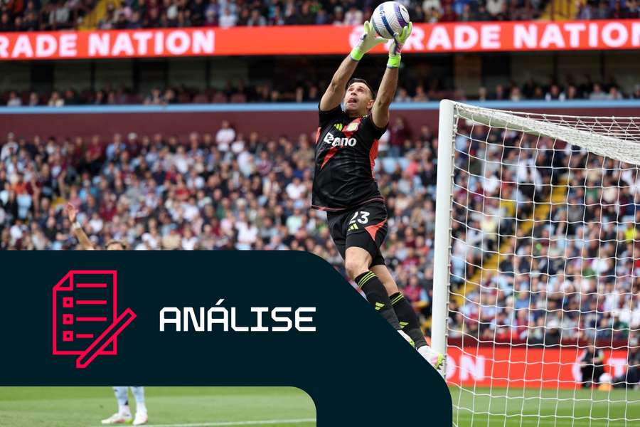 O guarda-redes argentino do Aston Villa, Emiliano Martinez, apanha a bola durante o jogo contra o Fulham no Villa Park