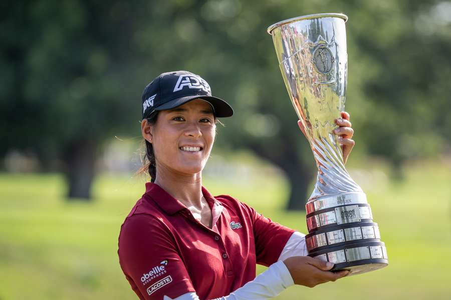 France's Celine Boutier poses with her trophy after winning the Evian Championship