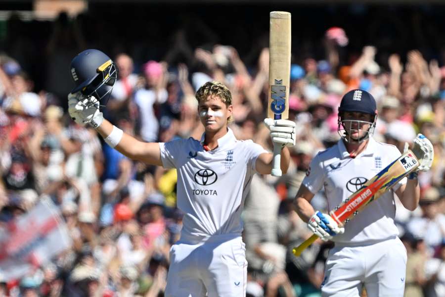 England’s Jacob Bethell celebrates reaching his century on day four of the fifth Ashes Test