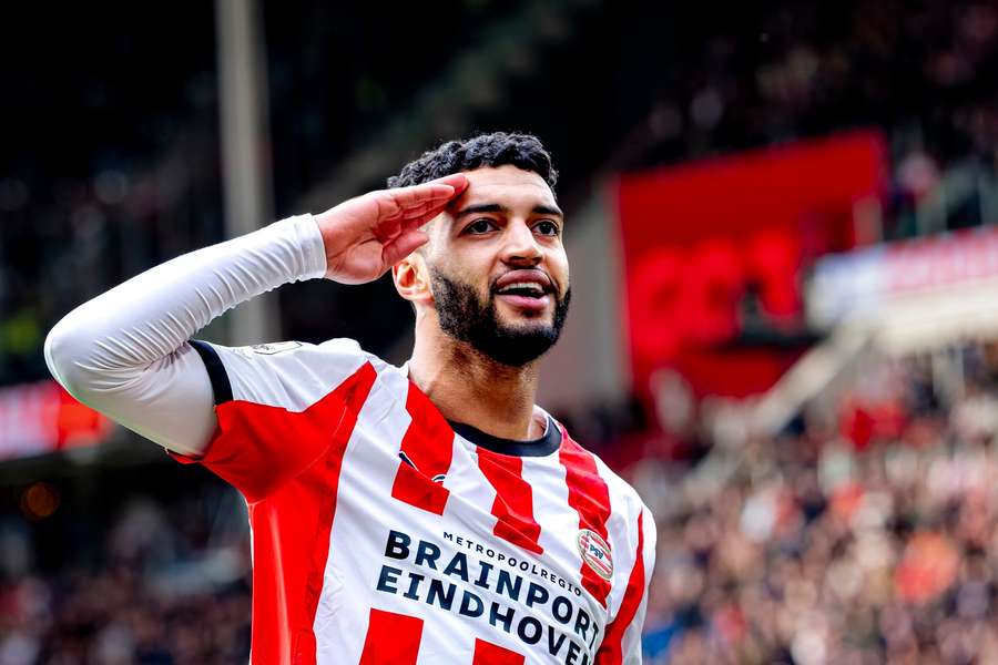 PSV's Ismael Saibari celebrates scoring against FC Utrecht