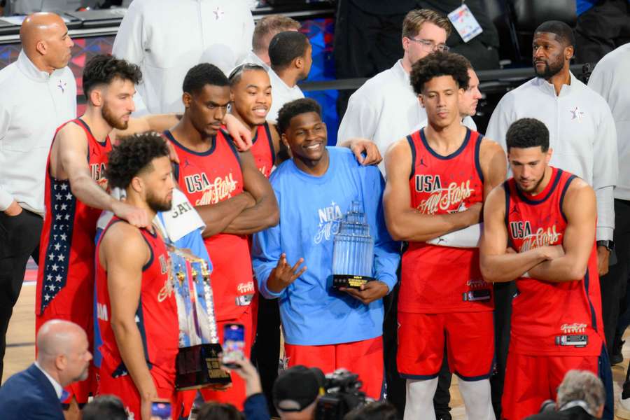 The NBA Stars celebrate winning the All-Star tournament. The NBA Stars celebrate winning the All-Star tournament.