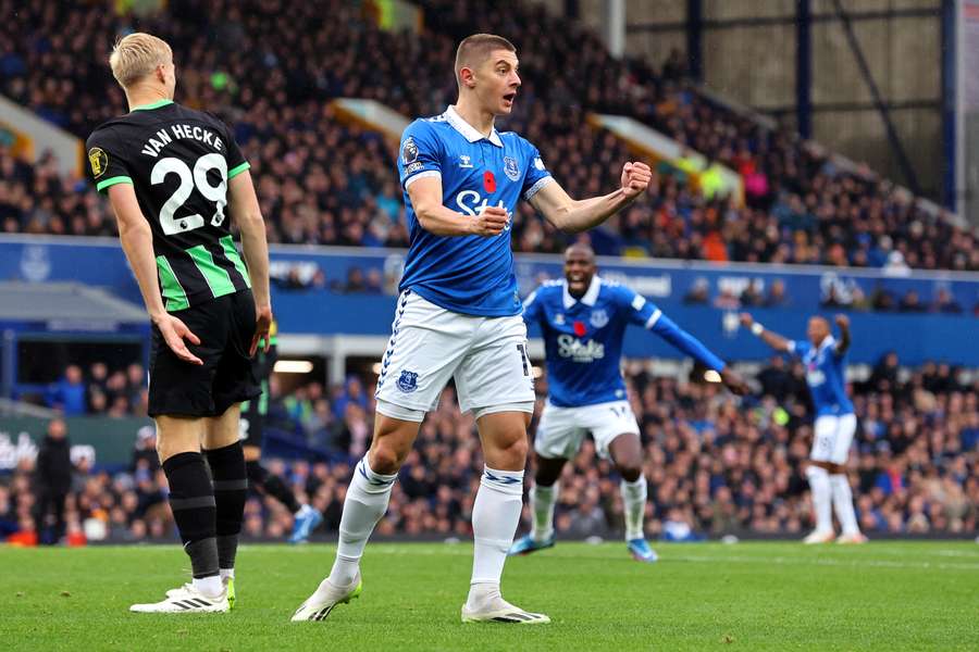 Vitaliy Mykolenko of Everton celebrates after scoring the team's first goal