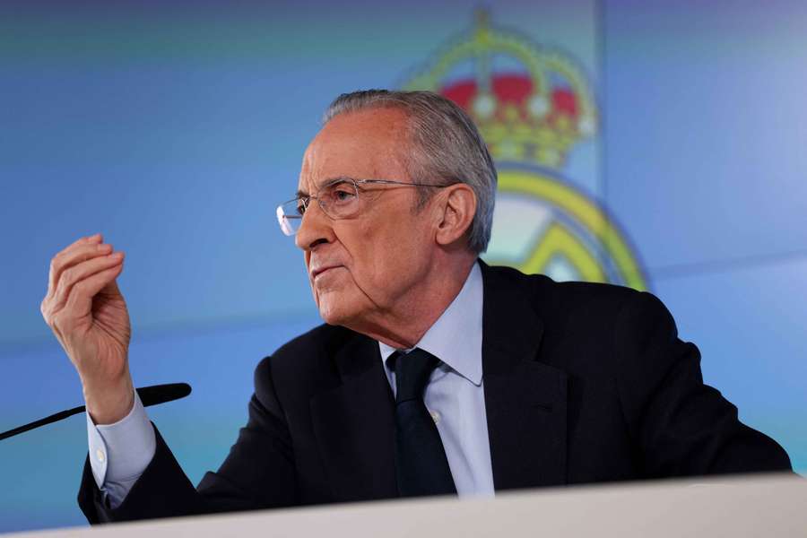 Real Madrid president Florentino Perez during his press conference on Tuesday