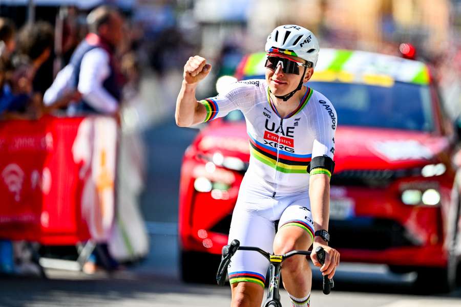 Tadej Pogacar celebrates after winning the Liege-Bastogne-Liege