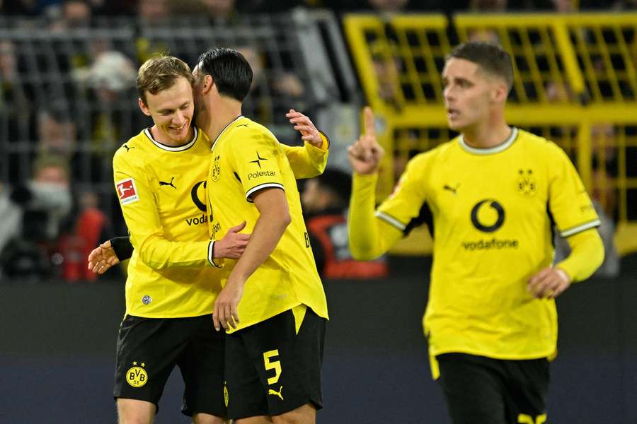 Dortmund's Maximilian Beier (left) celebrates scoring the winner Dortmund's Maximilian Beier (left) celebrates scoring the winner