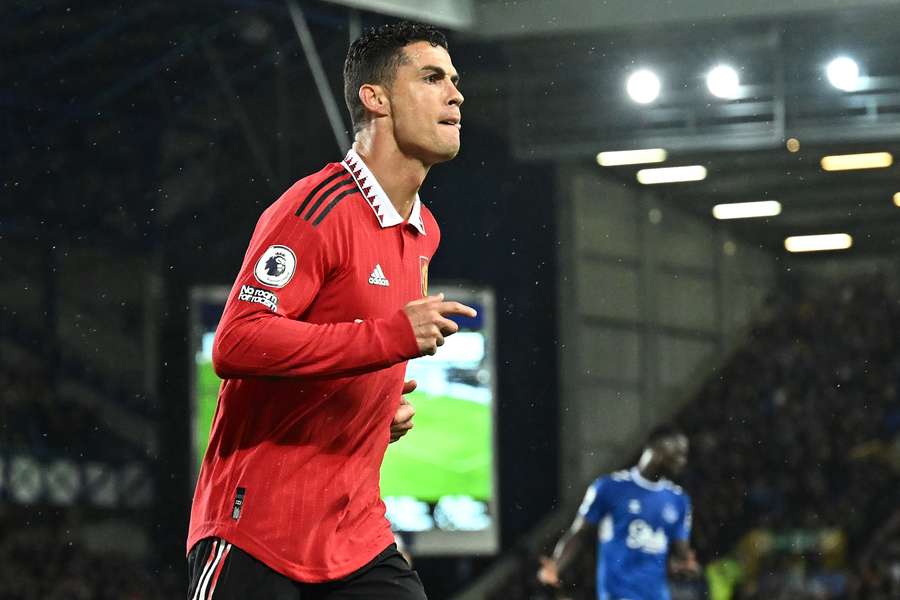 Portuguese striker Cristiano Ronaldo celebrates scoring Man Utd's second goal during the match against Everton