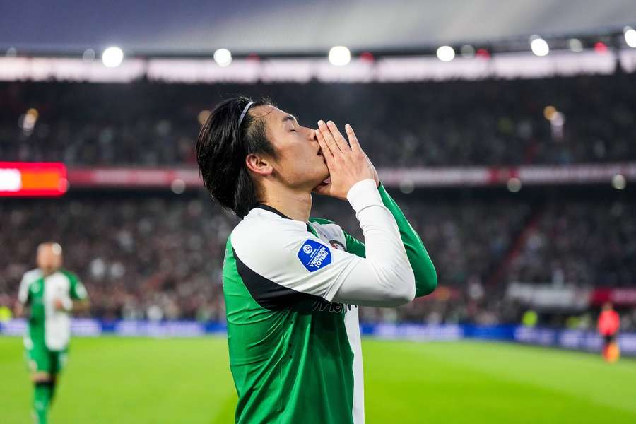 Feyenoord's Ayase Ueda calmly celebrates scoring the 2-0 against RKC Waalwijk