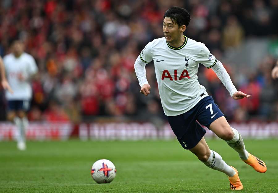 Tottenham Hotspur's South Korean striker Son Heung-Min runs with the ball during the English Premier League football match between Liverpool and Tottenham Hotspur