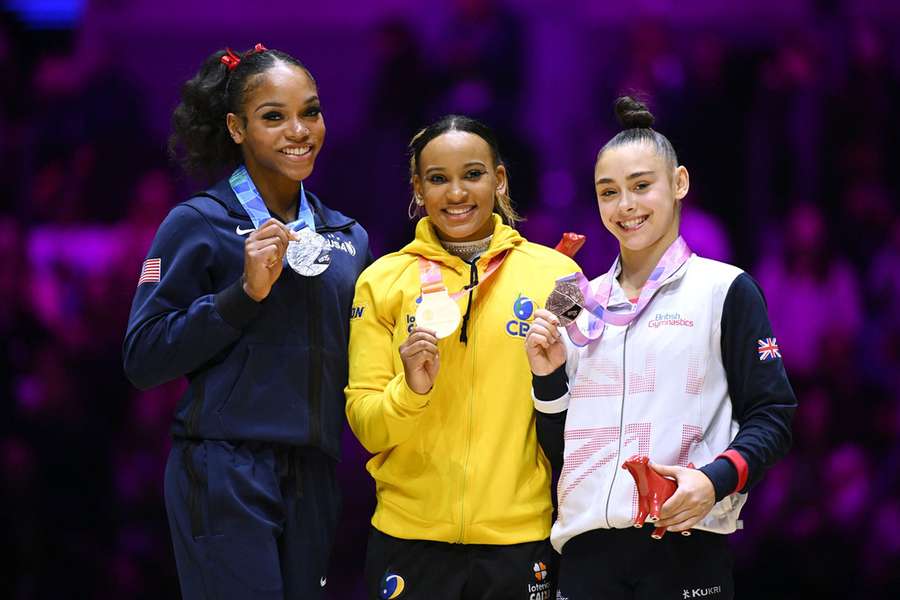 Shilese Jones (USA, silver), Andrade (gold) and Great Britain's Jessica Gadirova (bronze)