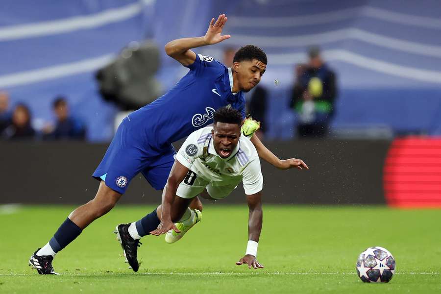 Chelsea's French defender Wesley Fofana vies with Real Madrid's Brazilian forward Vinicius Junior