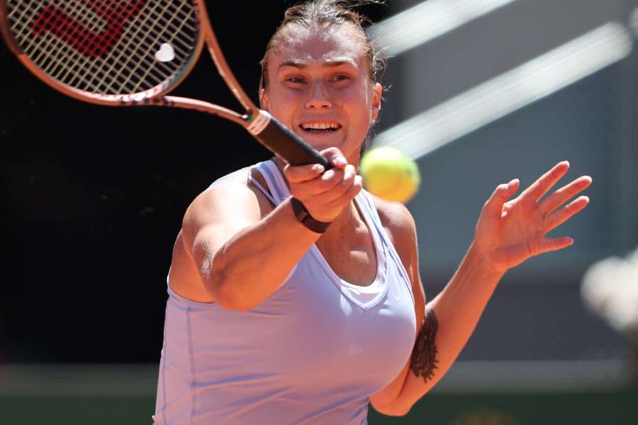 Belarus' Aryna Sabalenka returns to Mirra Andreeva during her two set win