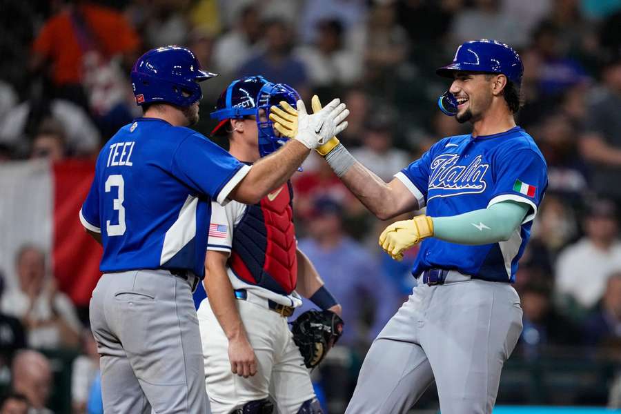Jac Caglianone (right) celebrates home run with Kyle Teel (left) in Italy win over USA at 2026 World Baseball Classic