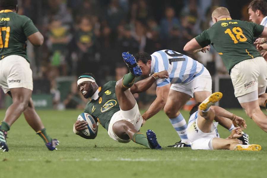 South Africa's Siya Kolisi is tackled against Argentina as they failed to pip the All Blacks to the Rugby Championship title.