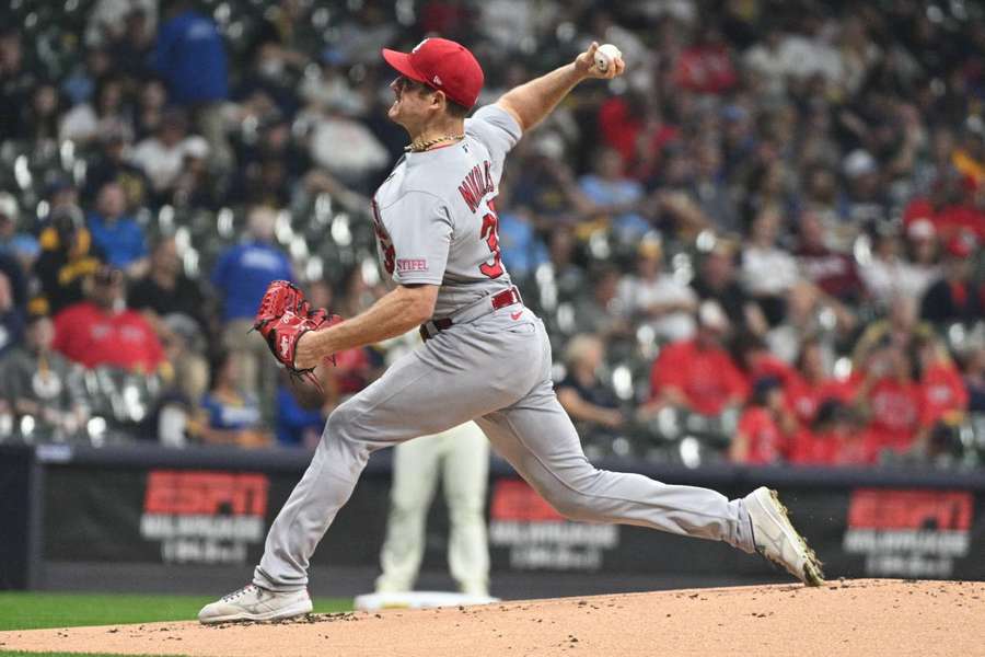 Cardinals starting pitcher Mikolas delivers a pitch against the Brewers