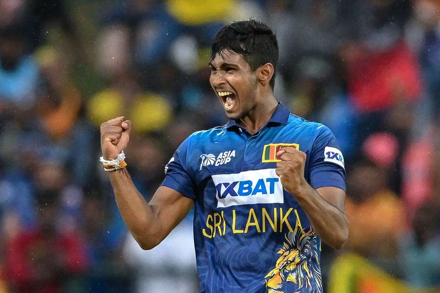 Matheesha Pathirana celebrates a wicket for Sri Lanka
