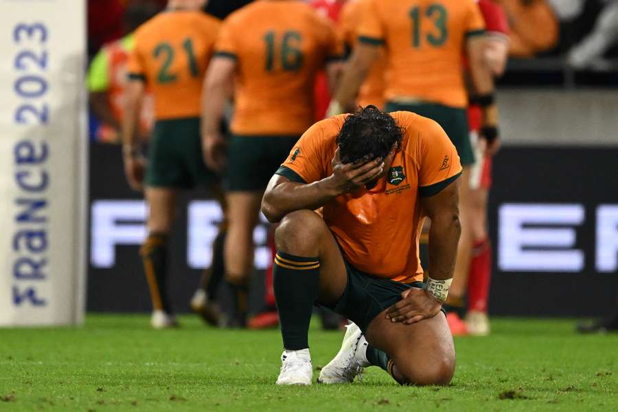 Australia's prop Pone Fa'amausili reacts at the end of the match