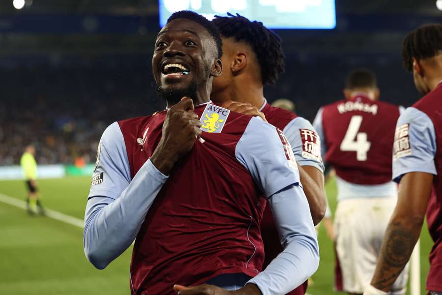 Aston Villa's Burkinese midfielder Bertrand Traore celebrates after scoring their second goal 