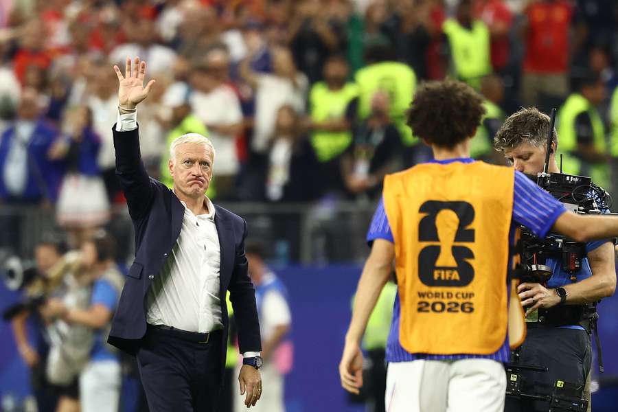 Deschamps acknowledges the French fans after his side's defeat by Spain
