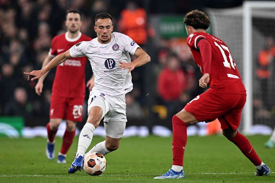 Denis Genreau in action for Toulouse against Liverpool in the Europa League in 2023