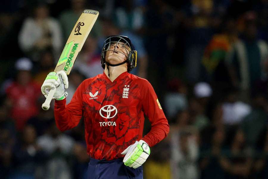 England's Tom Banton celebrates after reaching his half-century against Sri Lanka