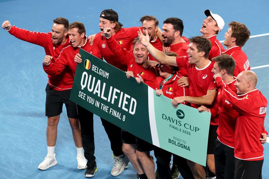 Belgium's Davis Cup team celebrates their qualification for the 2025 finals on Sunday.