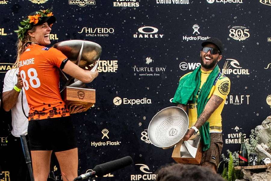 Stephanie Gilmore and Felipe Toledo after winning the World Surf League Finals in 2022